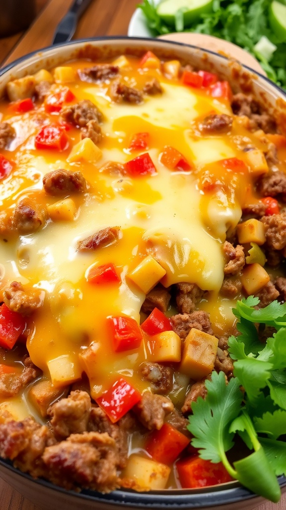 Chopped beef casserole with vegetables and melted cheese in a rustic dish on a wooden table.